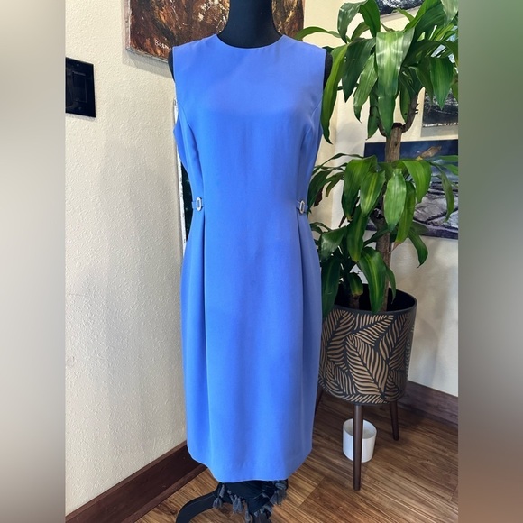 EUC LIZ CLAIBORNE BLUE PURPLE MIDI DRESS WITH SATIN GOLD Buckles  Waist SZ 10 - Picture 1 of 8